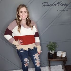 Red Colorblock Distressed Sweater